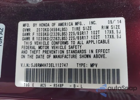 2014 Honda Cr-V Ex-L z USA, uszkodzony, nr VIN 5J6RM4H73EL112747